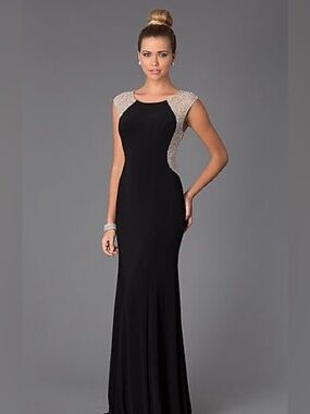 Xscape Navy Prom Gown with Silver Beaded Accents